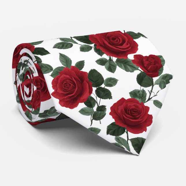 Gravata Padrão Floral Rosa Vermelha (Rolled)