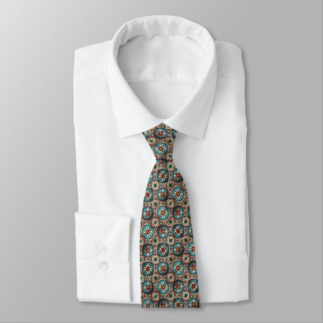 Gravata Padrão Floral Steampunk - Azul, Verde e Cobre (Amarrado)