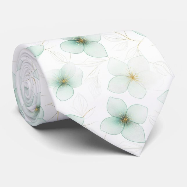 Gravata Padrão Floral Verde Menta em Fundo Branco (Rolled)