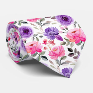 Gravata Padrão Floral Vibrante em Aquarela em Rosa e Roxo