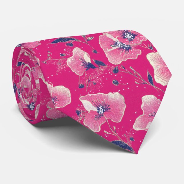 Gravata Padrão Floral Vibrante em Rosa, Branco e Azul Real (Rolled)