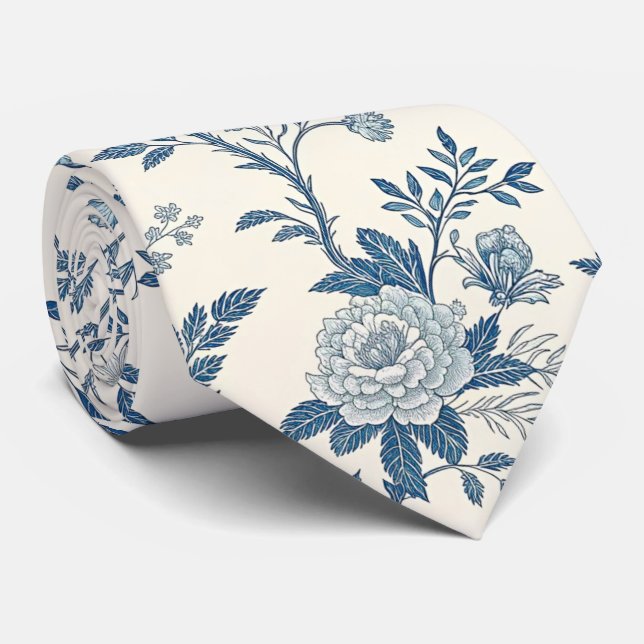 Gravata Padrão Floral Vintage Azul (Rolled)