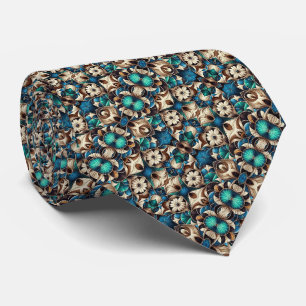 Gravata Padrão Floral vívido Azul, Teal, Castanho e Creme