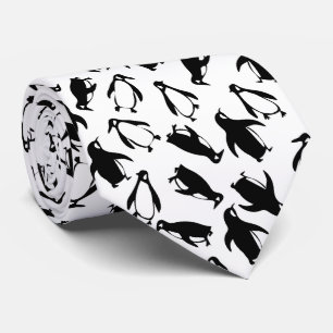 Gravata Padrão fofo de pinguim preto e branco em fundo bra