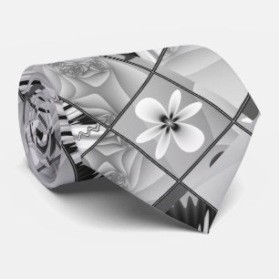 Gravata Padrão Fratural Floral Preto E Branco