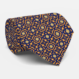 Gravata Padrão Geométrico Azul Cobalto, Laranja Dourado...