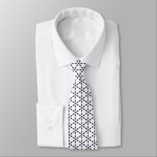 Gravata Padrão Geométrico Azul Marinho em Branco
