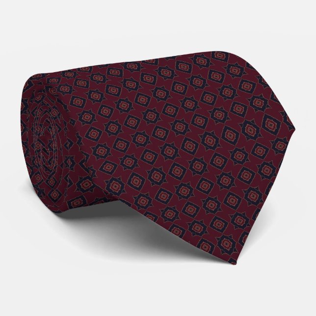 Gravata Padrão Geométrico de Azulejos em Cranberry, Azul M (Rolled)