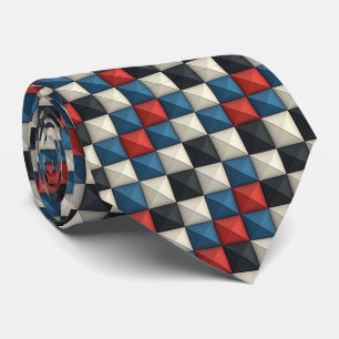 Gravata Padrão Geométrico em Pirâmide 3D - Vermelho, Azul