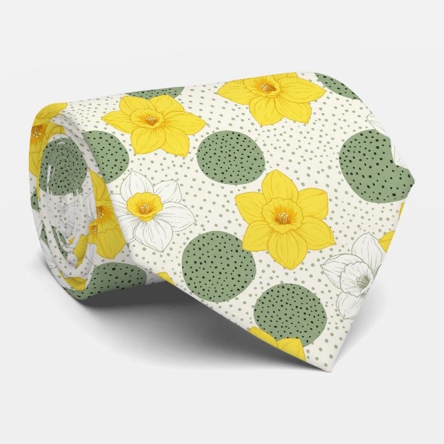 Gravata Padrão Geométrico Floral de Narciso Botânico (1) (Rolled)