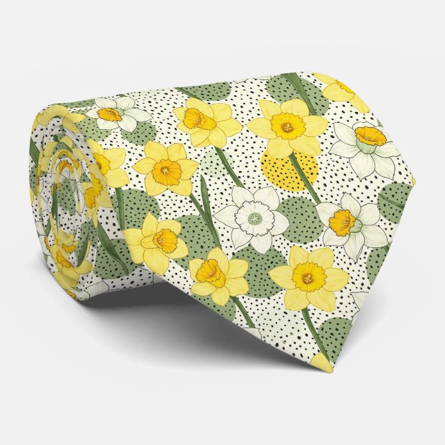 Gravata Padrão Geométrico Floral de Narciso Botânico (3) (Rolled)
