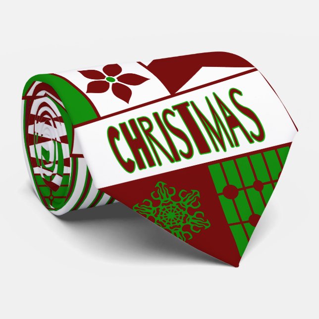Gravata Padrão Geométrico Vermelho/Verde Feliz Natal (Rolled)