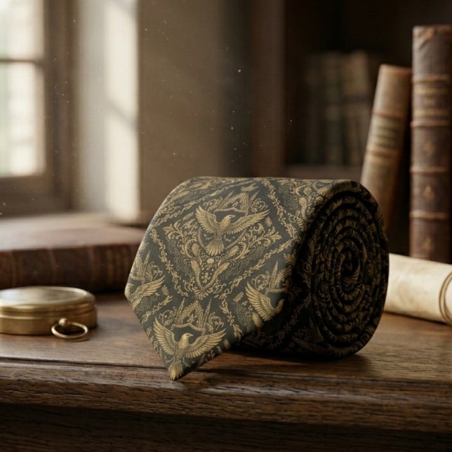 Gravata Padrão Gótico de Pássaro Corvo – Presente de Dark  (Gothic raven bird dark academia necktie)