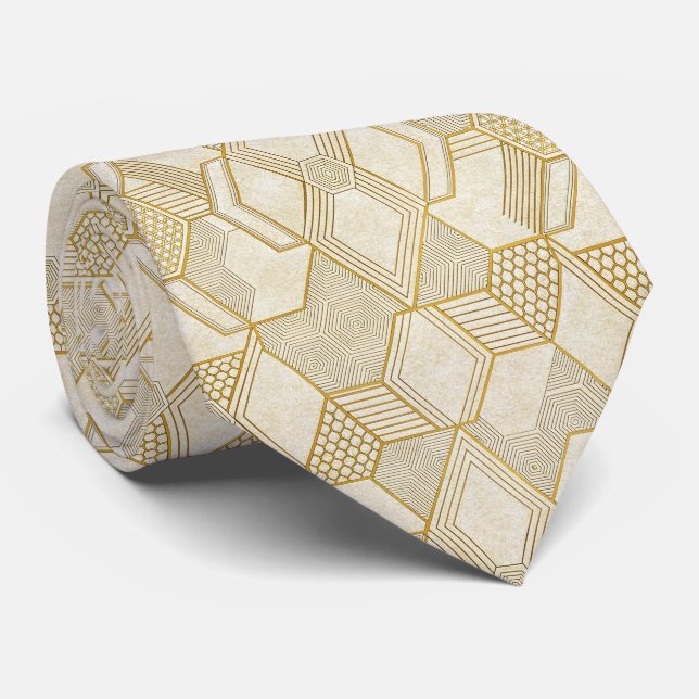 Gravata Padrão Hexagonal Orgânico Moderno | Creme e Bege 2 (Rolled)