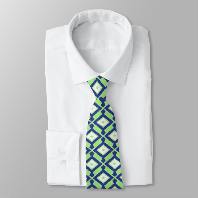 Gravata Padrão Ikat - Verde, Azul Indigo e Branco (Amarrado)