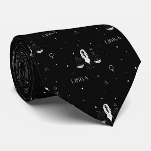 Gravata Padrão Místico do Zodíaco de Libra em Preto e Bran