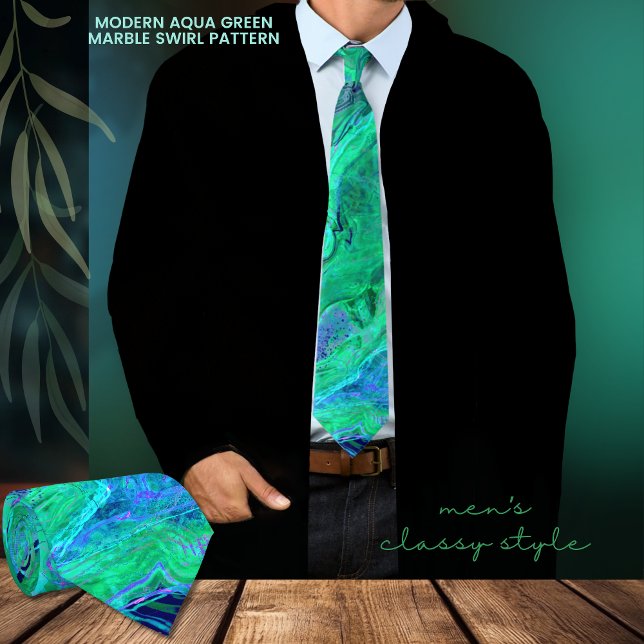 Gravata Padrão Moderno de Arrepios Verdes em Aqua (Modern Aqua Green Marble Pattern Neck Tie with jacket)