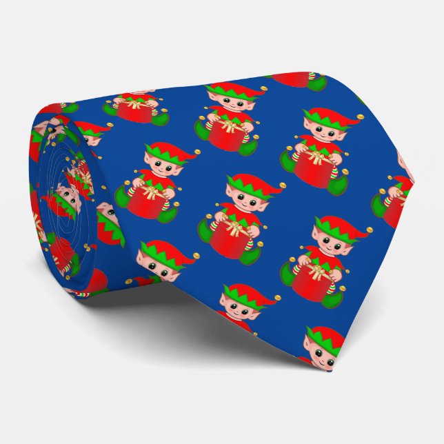 Gravata Padrão moderno de elfo de Natal fofo em azul (Rolled)