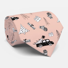 Gravata Padrão Moderno de Natal Preto e Branco no Rosa