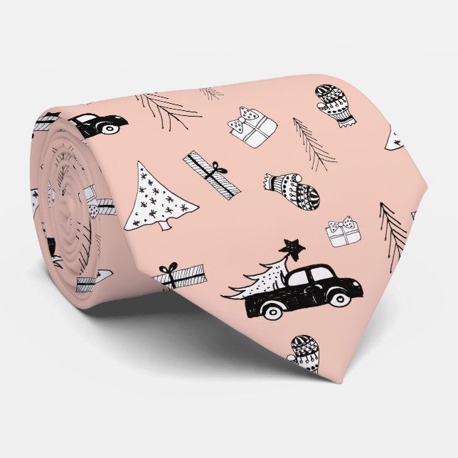 Gravata Padrão Moderno de Natal Preto e Branco no Rosa (Rolled)