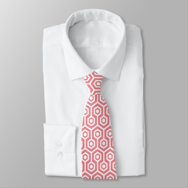 Gravata Padrão Octogonal Branco em Fundo Rosa Personalizad (Amarrado)