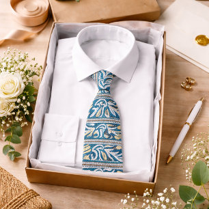 Gravata Padrão Paisley Azul Estilo Clássico Elegante Vinta