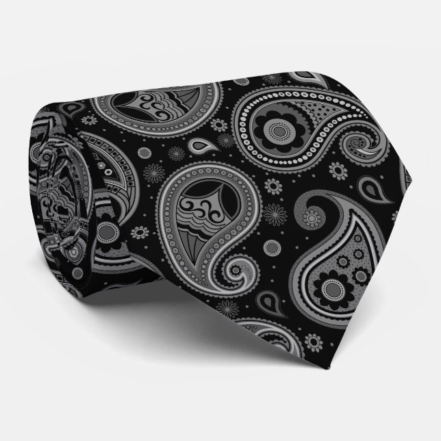 Gravata Padrão paisley elegante preto e branco (Rolled)