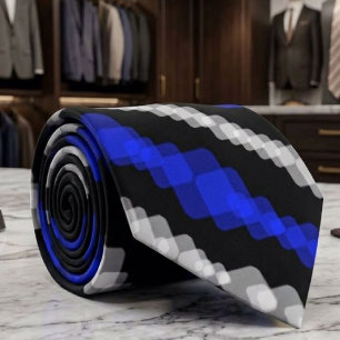 Gravata Padrão Quadrado Azul e Branco Camadas Sobre Preto