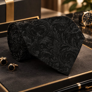 Gravata Padrão Seamless Damask Preto de Luxo – Da