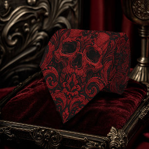 Gravata Padrão Sem Costura de Damasco Craniano Vermelho e
