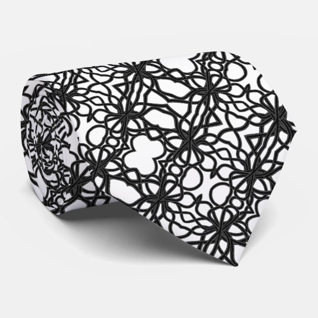 Gravata Padrão Simétrico Curvo Preto em Branco com Amarraç (Rolled)