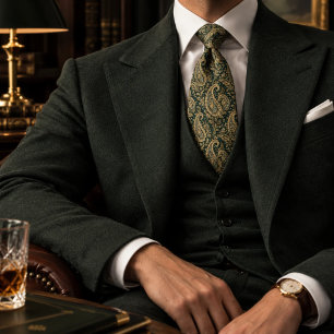 Gravata Padrão Vintage de Luxo Paisley Dourado Esmeralda