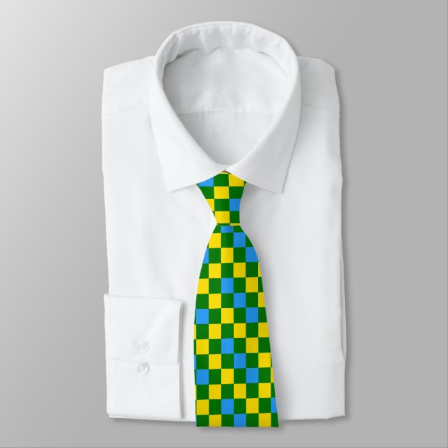 Gravata Padrão Xadrez Azul Amarelo Verde Design  (Amarrado)