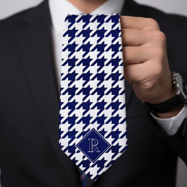 Gravata Padrão Xadrez Houndstooth Monograma Branco & Madei (Monogram Houndstooth Pattern White & Blue Wood Neck Tie
)