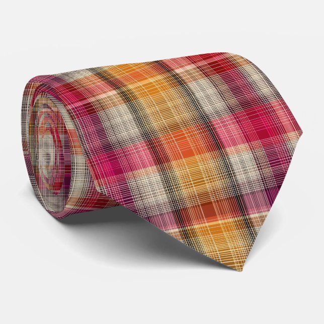 Gravata Padrão Xadrez Rosa e Amarelo Elegante (Rolled)