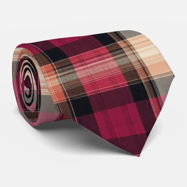 Gravata Padrão Xadrez Rosa e Marrom Elegante (Rolled)