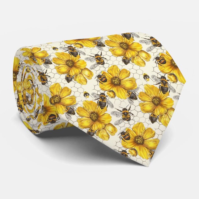 Gravata Padrão xadrezido de abelha floral fofa (Rolled)