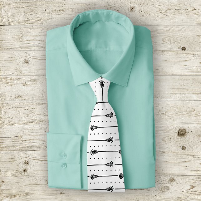 Gravata Padrões Pretos de Lacrosse Branca e Linhas Pontas (Criador carregado)