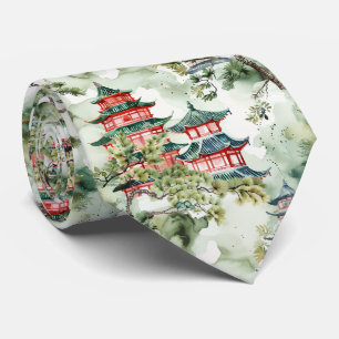 Gravata Pagoda Asiática de Aquarela na Paisagem Verdante (