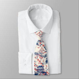 Gravata Pagode Japonesa Flor de Cerejeira Creme Azul