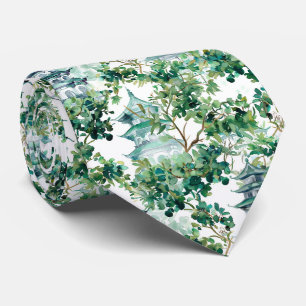Gravata Pagodes Aquarela Floresta Olive Paisagem Asiática