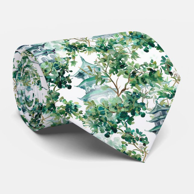 Gravata Pagodes Aquarela Floresta Olive Paisagem Asiática (Rolled)