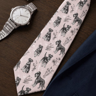 Gravata Pai Schnauzer Rosa Bonito Floral Toile Vintage