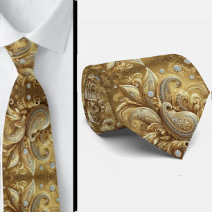 Gravata Paisley Diamante Branco e Dourado 3D