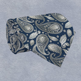 Gravata Paisley em Marinho Azul e Prata Elegante