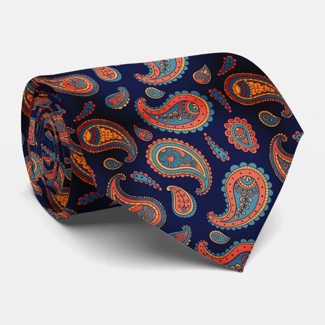 Gravata Paisley Pattern Blue Orange Tie (Rolled)