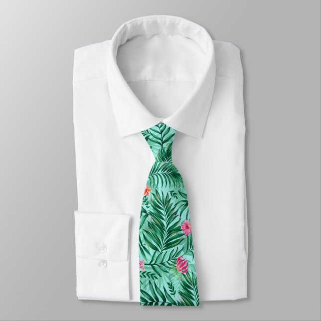 Gravata Palma tropical e folhas de monstera e flores exóti (Amarrado)