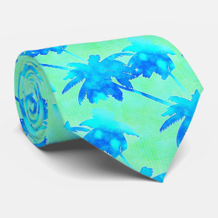 Gravata Palmeiras Tropical Padrão Azul Verde Brilhante