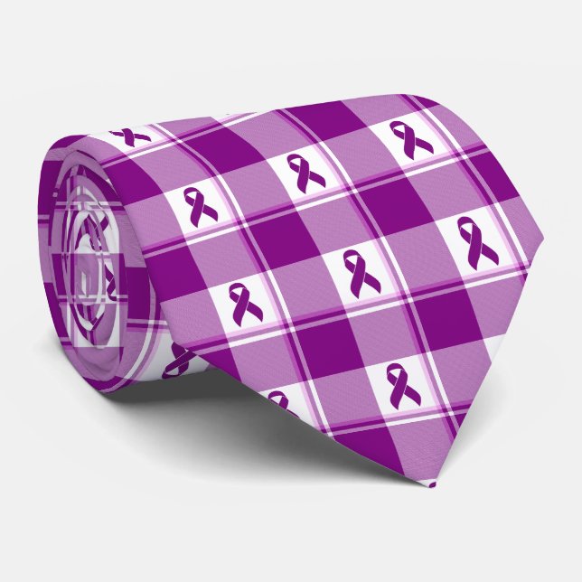 Gravata Pancreatic Cancer Awareness Plaid Purple Ribbon (Rolled)