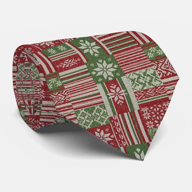 Gravata Pano de Natal Clássico em Tricô Patchwork -Vermelh (Rolled)